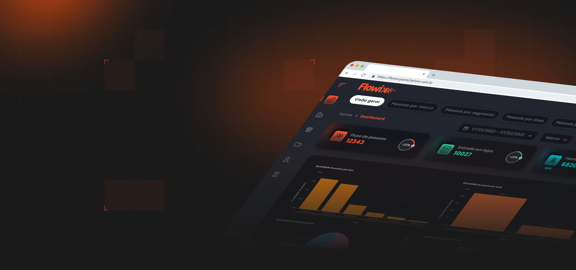 Fundo escuro com detalhes em laranja e com uma imagem de uma página web no site do flowix inclinada