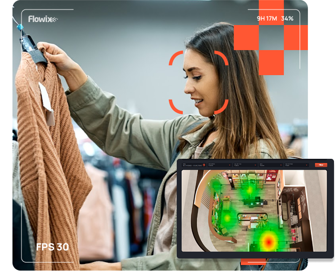 Imagem de uma mulher observando uma peça de roupa e no canto inferior direito sobreposto a imagem da mulher, uma imagem de um mapa de calor